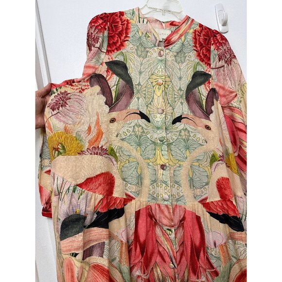 Carolina K Flamingo Bird Print Midi Shirt Dress Floral Tropical Red Linen L - Picture 5 of 13